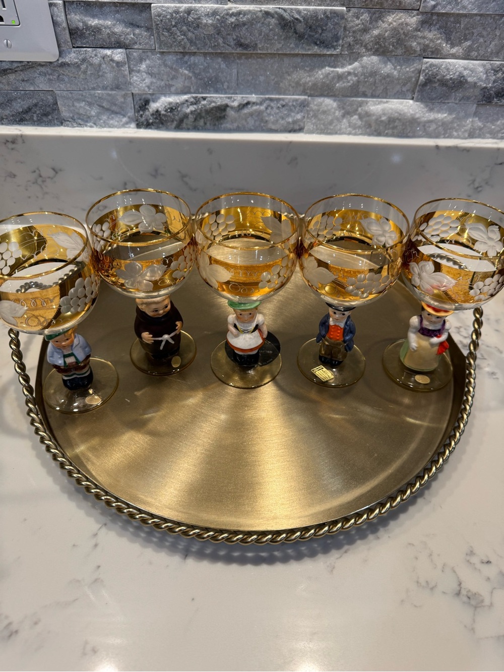 Vintage West German Neudenau Crystal Figural Goblets Gold Grape Set of 5